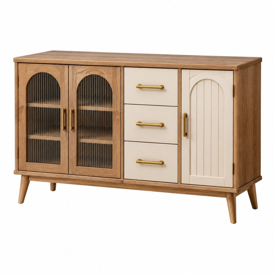 Sideboard 160 x 40 x 85 cm in Naturbraun Creme aus Holzwerkstoff mit Glastüren im Retro-Stil