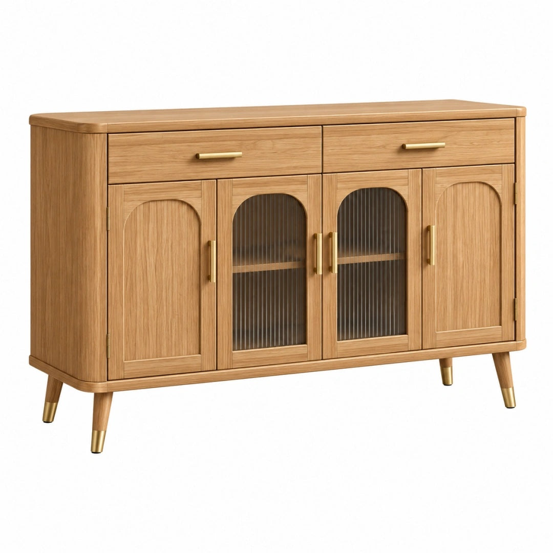 Sideboard 140 x 40 x 85 cm Holz Naturbraun mit Riffelglas - Stauraummöbel im Retro-Stil