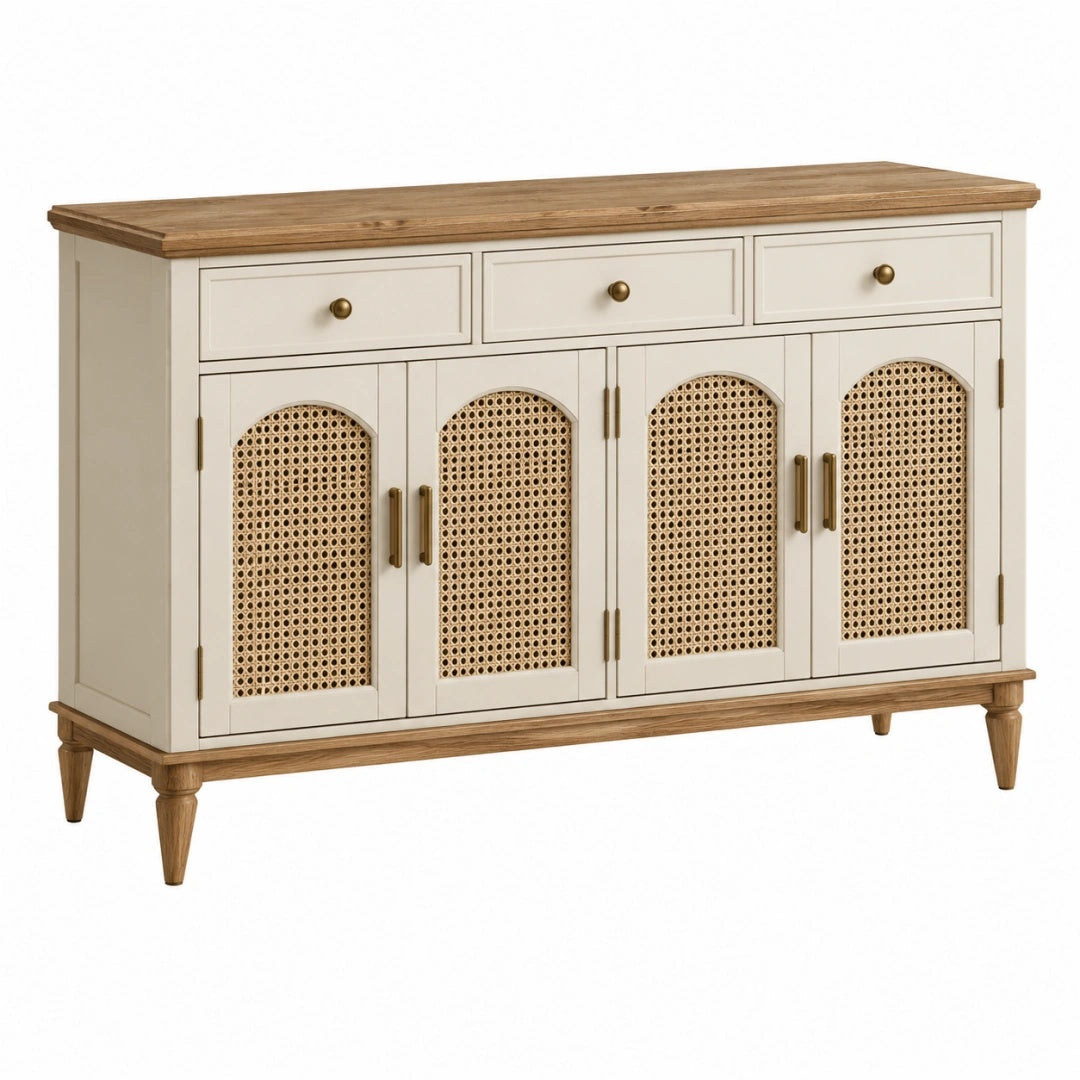 Sideboard 160 x 40 x 90 cm aus Holz in Creme/Natur mit Rattangeflecht im Landhausstil
