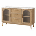 Sideboard 140 x 40 x 85 cm in Naturholz mit Glas Rattangeflecht und Marmoroptik im Retro-Stil