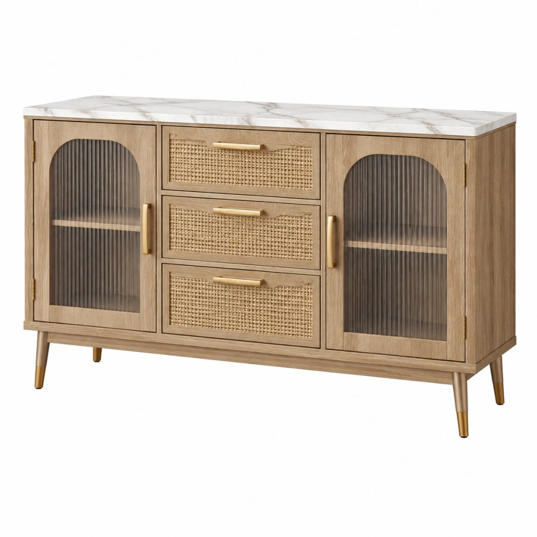 Sideboard 140 x 40 x 85 cm in Naturholz mit Glas Rattangeflecht und Marmoroptik im Retro-Stil