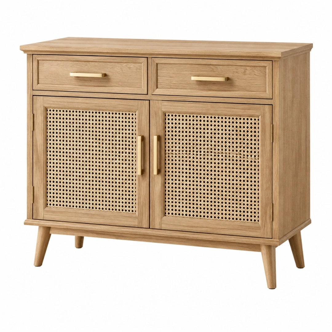 Sideboard 100 x 40 x 85 cm aus Holz in Natur mit Rattangeflecht und 2 Türen