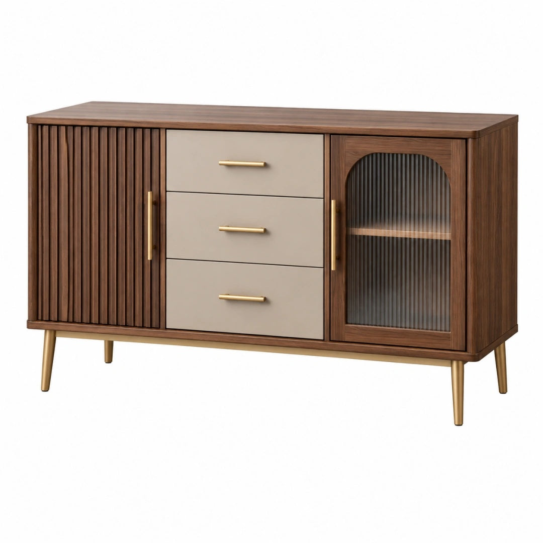 Sideboard 160 x 40 x 85 cm Holzwerkstoff Walnuss Beige mit Glastür im Retro-Stil