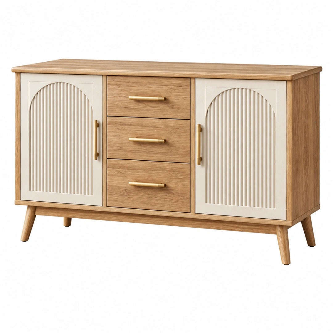 Sideboard 120 x 40 x 80 cm Holzwerkstoff Naturweiß mit 3 Schubladen und 2 Türen im Retro-Stil