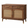 Sideboard 120 x 40 x 85 cm aus Holz in Walnussbraun mit Rattangeflecht im Mid-Century-Stil