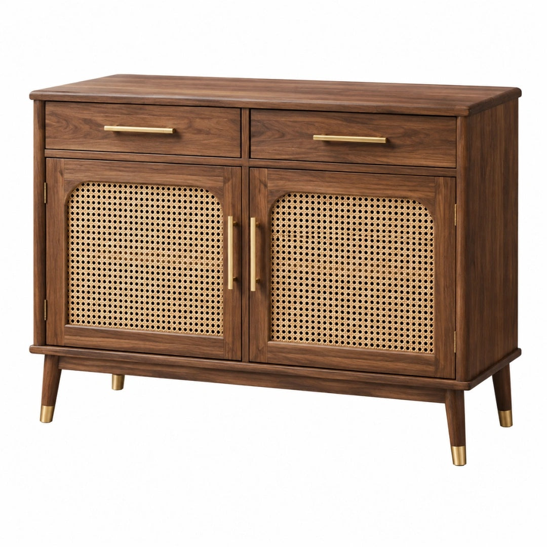 Sideboard 120 x 40 x 85 cm aus Holz in Walnussbraun mit Rattangeflecht im Mid-Century-Stil