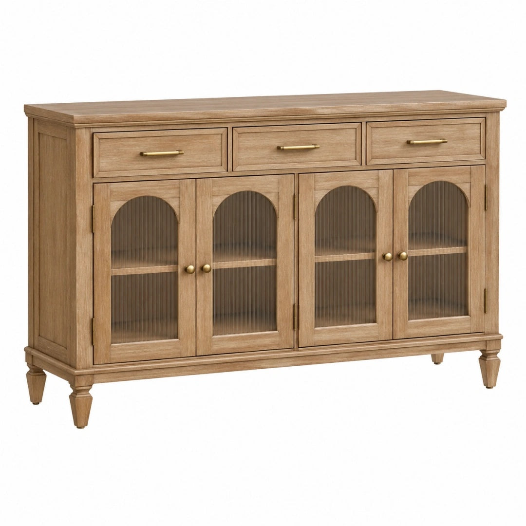 Sideboard 160 cm Holz Natur mit geriffeltem Glas und 4 Türen