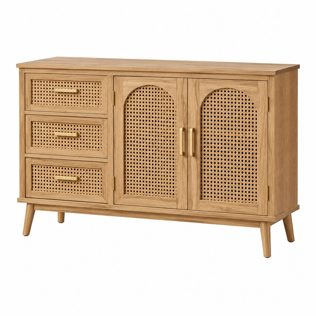 Sideboard 120 x 40 x 90 cm Holz Natur mit Rattangeflecht Boho Stauraum