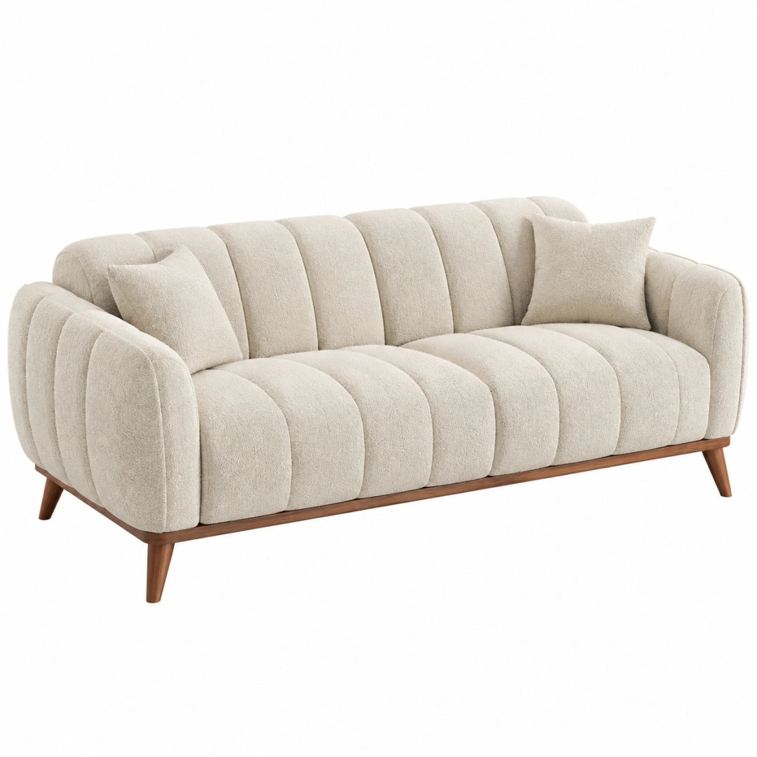 3-Sitzer Sofa 200 cm Boucléstoff Creme - gepolstertes Wohnzimmermöbel im Retro-Stil