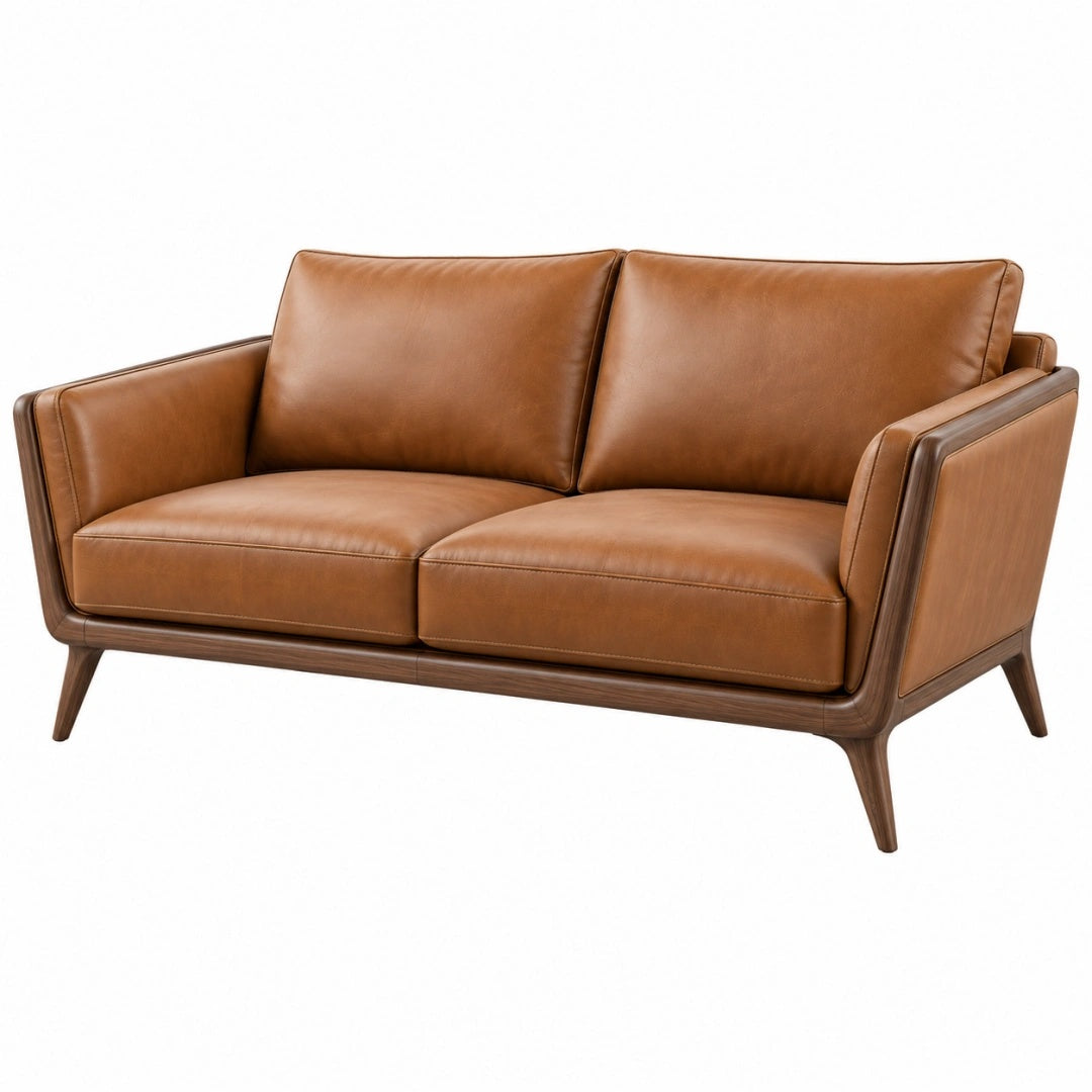 2-Sitzer Sofa 160 x 85 x 84 cm cognacbrauner Bezug in Lederoptik Holzgestell Mid-Century-Stil