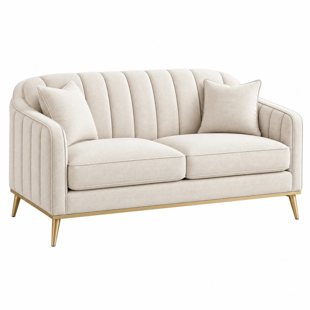 2-Sitzer Sofa 160 x 80 x 85 cm Beige Stoff mit goldfarbenen Metallfüßen - gerippte Polsterung