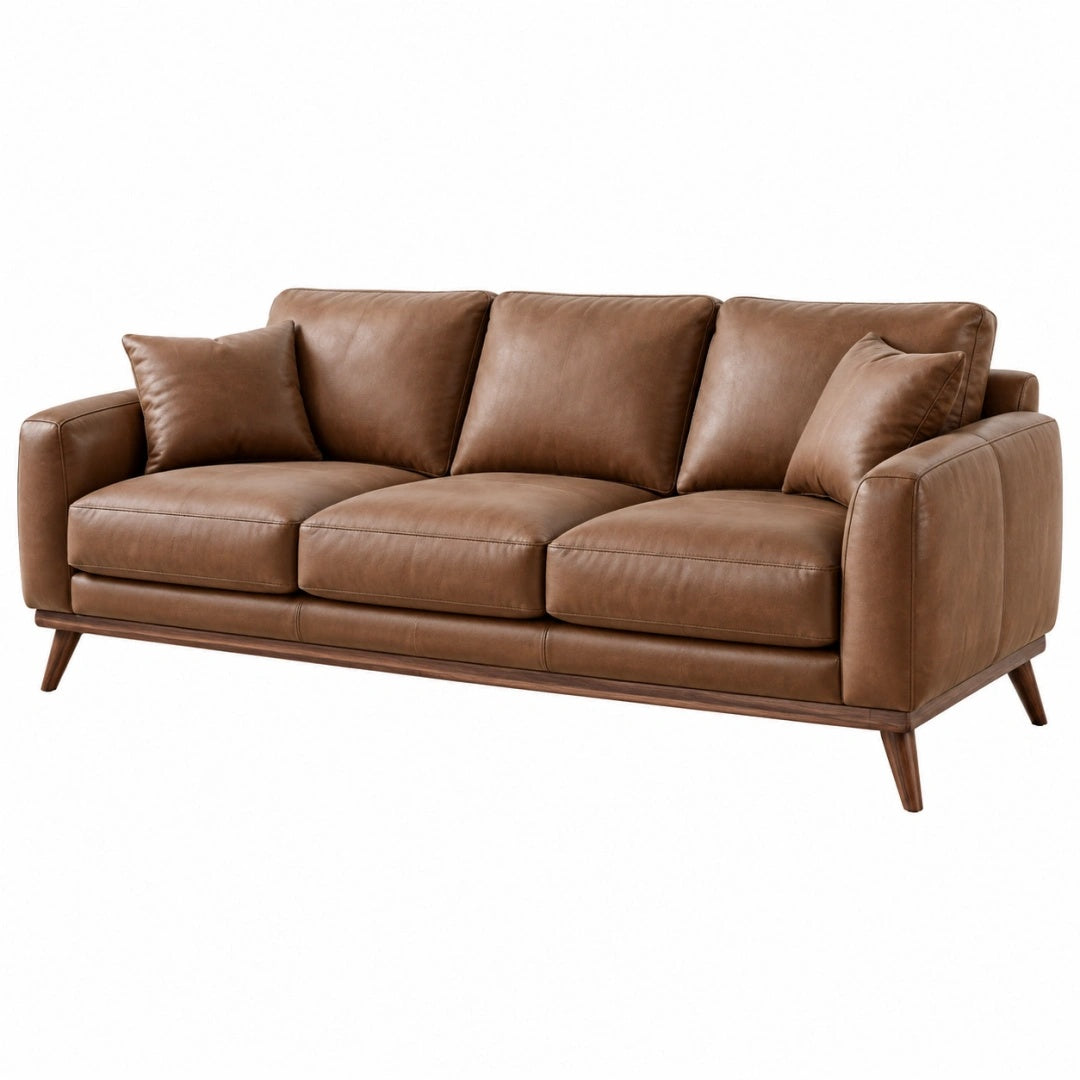 3-Sitzer Sofa 220 cm braunes Leder mit Holzfüßen im modernen Stil