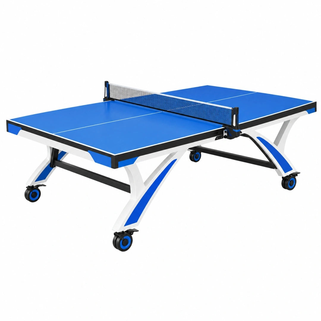 Tischtennistisch 274 x 152.5 x 76 cm Blau mit Stahlgestell und Rollen