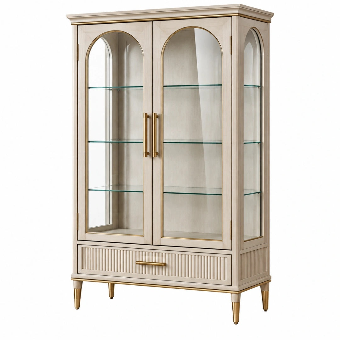 Vitrine 100 x 45 x 180 cm Holzwerkstoff Glas Cremegold klassischer Stauraumschrank