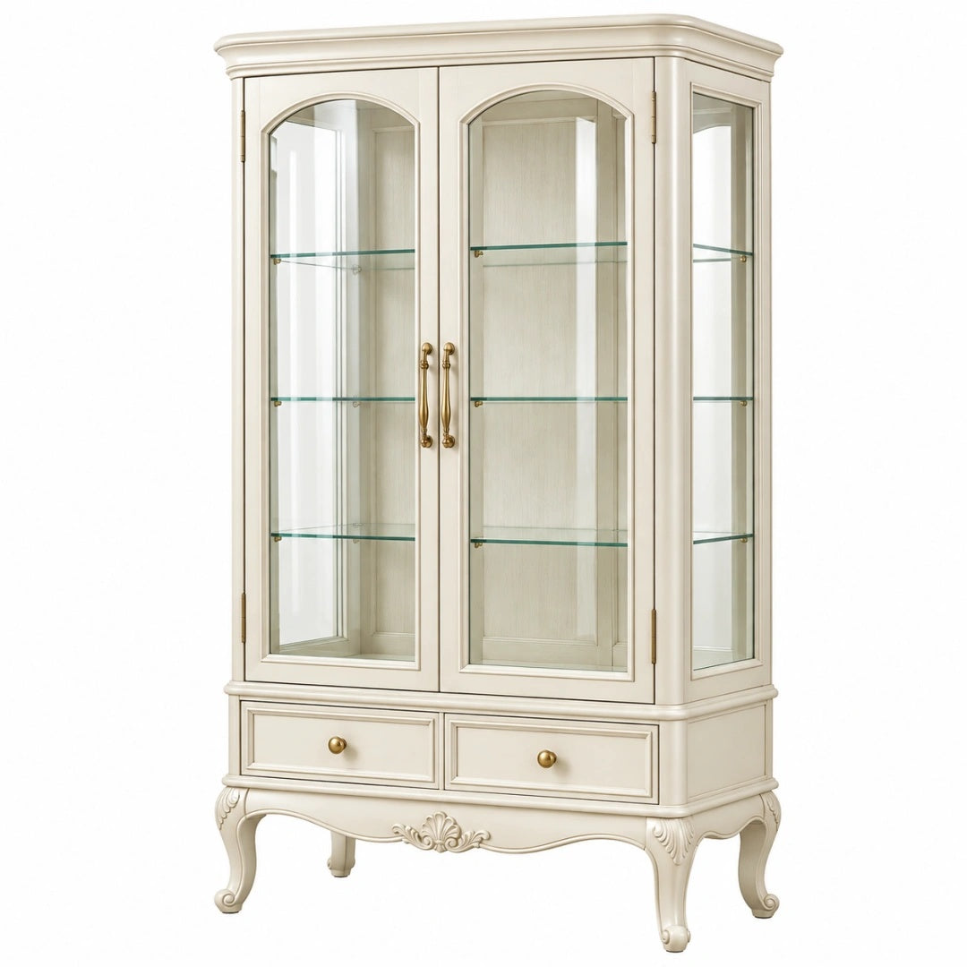Vitrine 100 x 45 x 190 cm Holzwerkstoff Glas Creme Klassischer Stil mit Glastüren und Schubladen