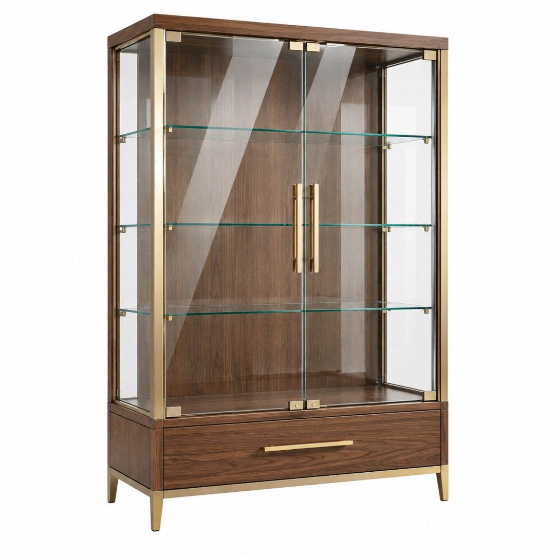 Vitrine 100 x 45 x 190 cm aus Holz und Glas Braun Gold mit Schublade Modern
