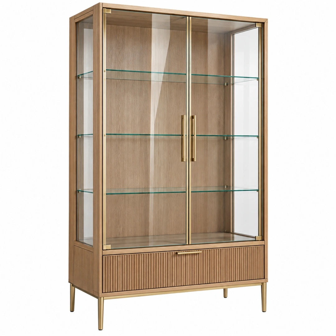 Vitrine 100 x 40 x 190 cm Holzoptik Braun Glas Metall Modern mit Stauraum