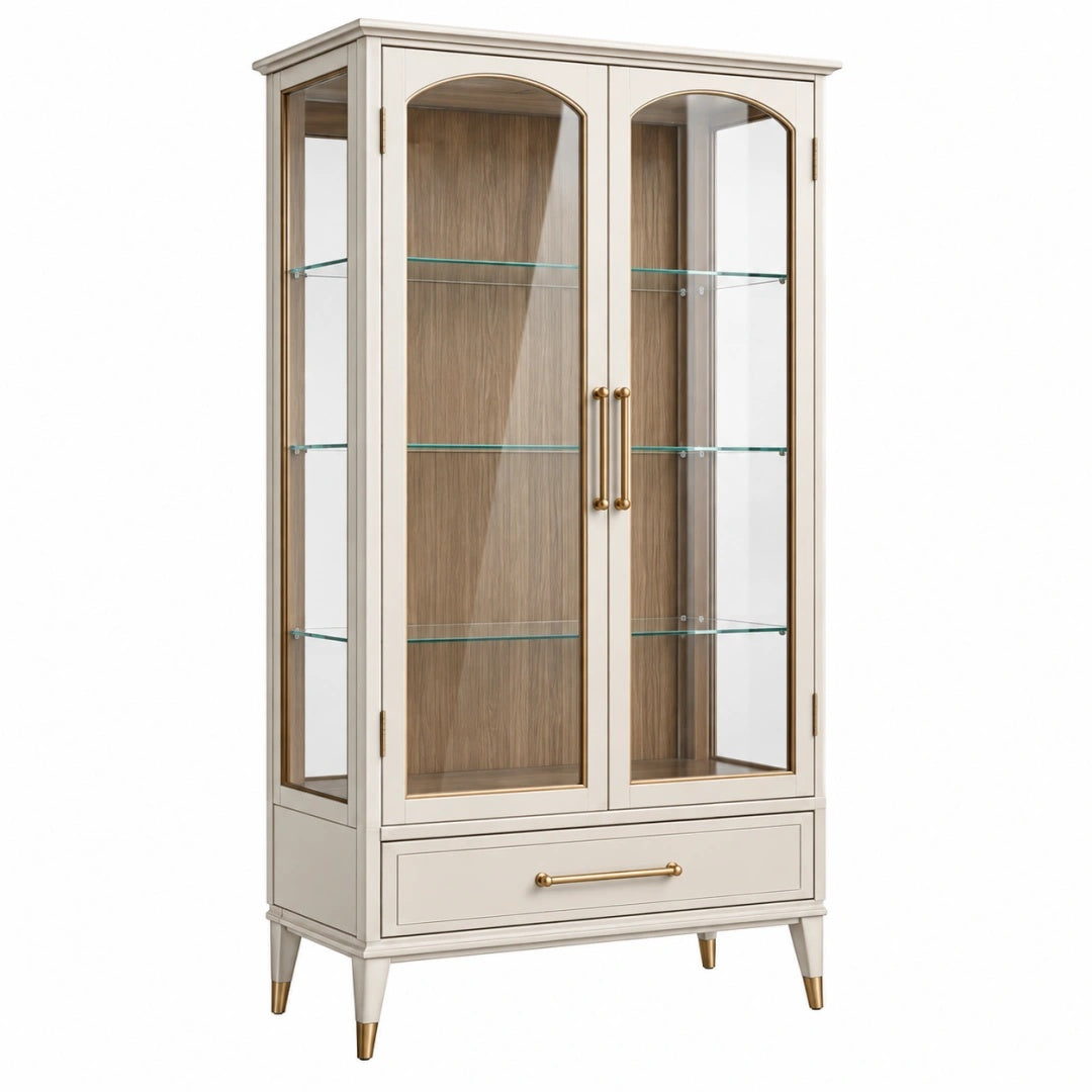 Vitrine 80 x 40 x 180 cm aus Holzwerkstoff in Creme mit Glastüren im klassischen Stil