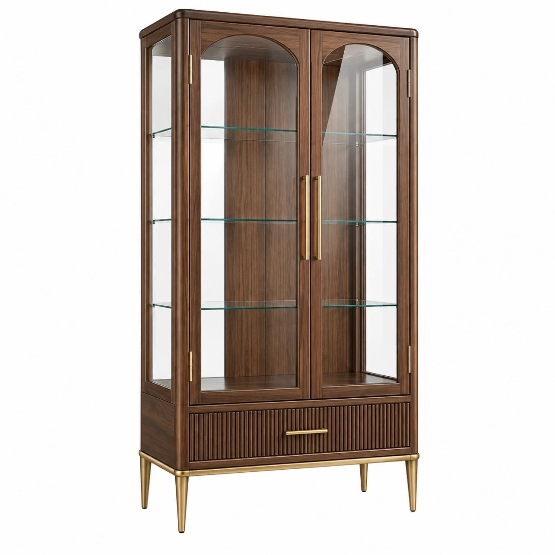 Vitrine 90 x 45 x 190 cm aus Holz und Glas in Nussbraun mit Schublade im klassischen Stil
