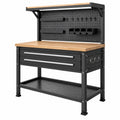 Werkbank 120 x 60 x 180 cm aus Stahl und Holz Schwarz/Natur mit Lochwand und Schubladen