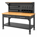 Werkbank 120 x 60 x 155 cm mit Holzarbeitsplatte Stahl schwarz natur - Industriestil mit Lochwand und Schubladen