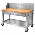 Werkbank 132 x 61 x 104 cm aus Edelstahl und Holz in Silber/Natur mobil mit Schubladen