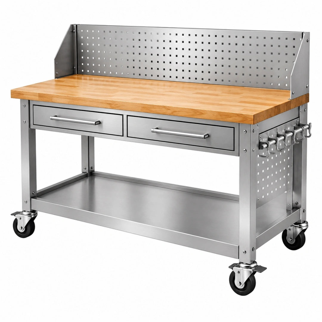 Werkbank 132 x 61 x 104 cm aus Edelstahl und Holz in Silber/Natur mobil mit Schubladen