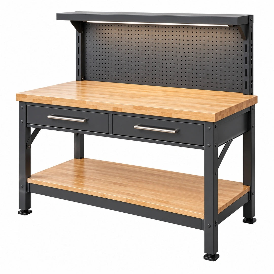 Werkbank 120 x 60 x 180 cm aus Holz und Stahl Schwarz Naturholz mit Lochwand und Schubladen