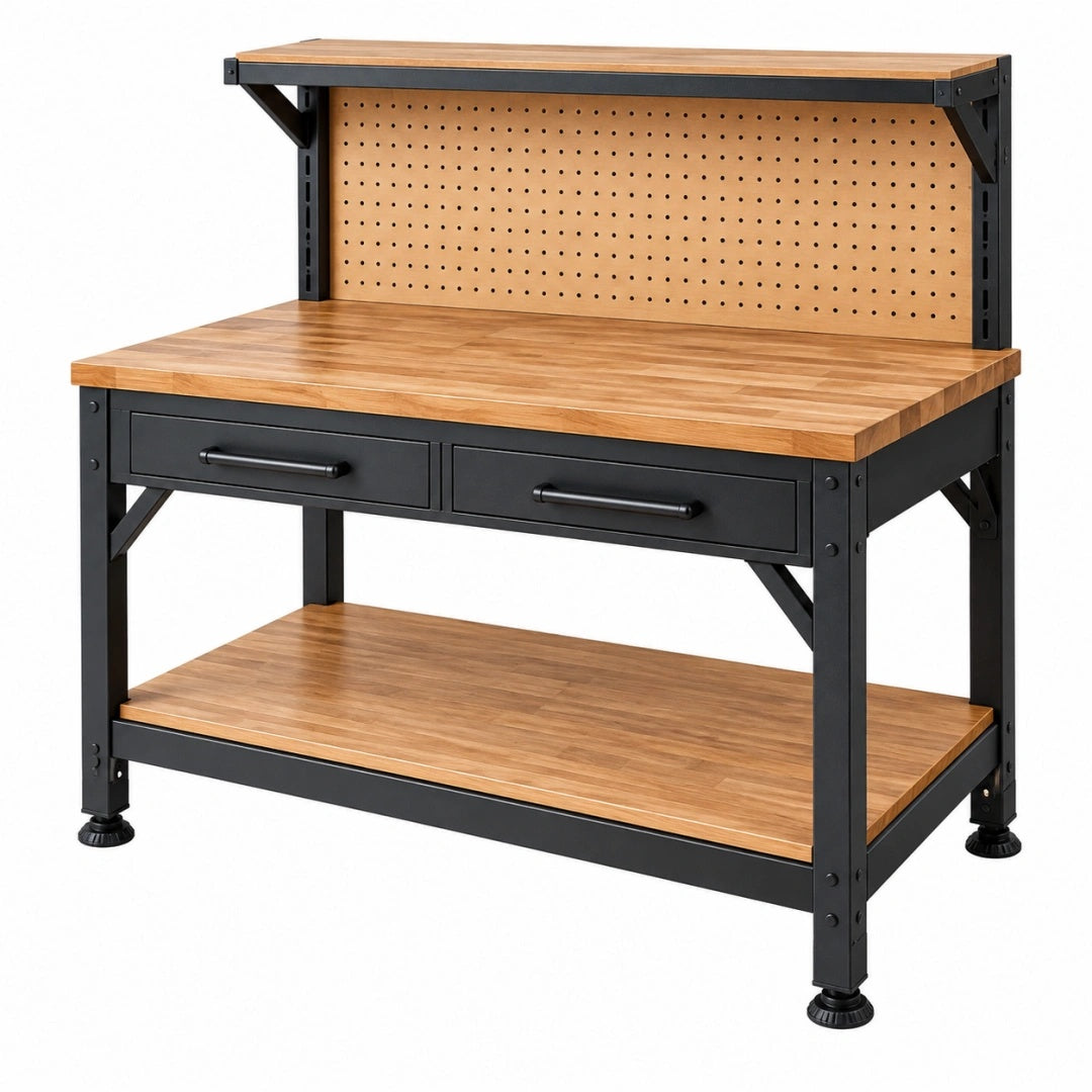 Werkbank 120 x 60 x 150 cm Holz Metall Braun Schwarz mit Lochwand und Schubladen