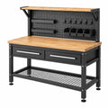 Werkbank 120 x 60 x 150 cm aus Stahl und Holz in Schwarz/Natur mit Lochwand und Schubladen