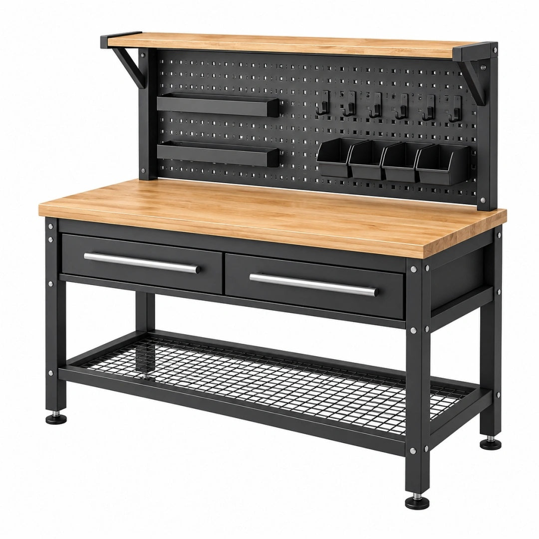Werkbank 120 x 60 x 150 cm aus Stahl und Holz in Schwarz/Natur mit Lochwand und Schubladen
