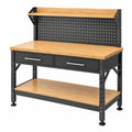 Werkbank 120 x 60 x 155 cm mit Bambusplatten Schwarz Naturbraun Industriestil mit Lochwand und Schubladen