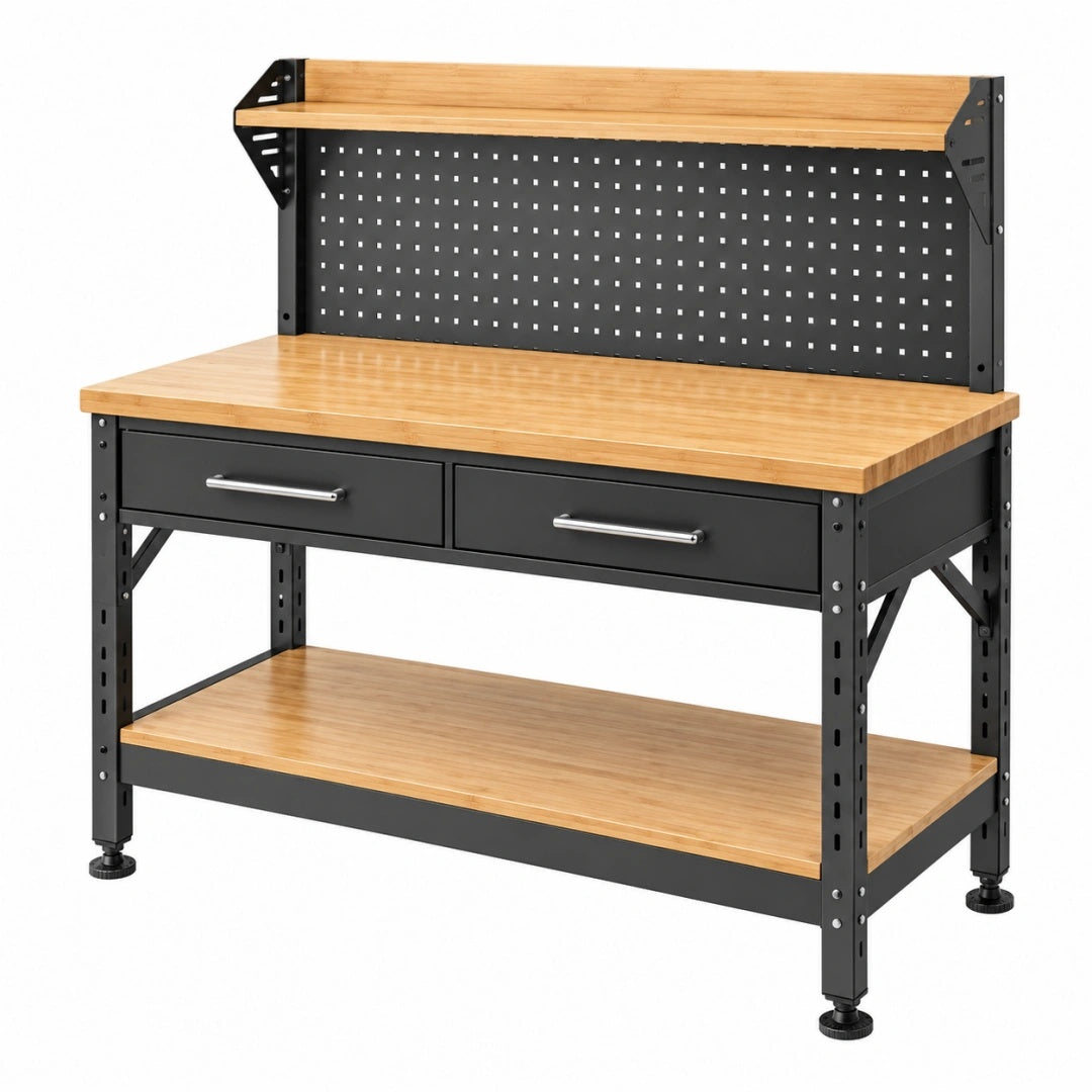 Werkbank 120 x 60 x 155 cm mit Bambusplatten Schwarz Naturbraun Industriestil mit Lochwand und Schubladen