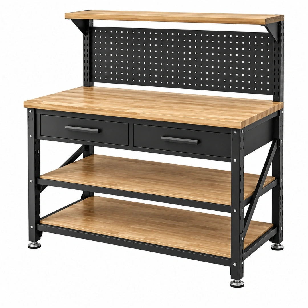 Werkbank 120 x 60 x 155 cm aus Holz und Stahl Natur/Schwarz mit Lochwand und Schubladen