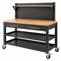 Werkbank 152 x 61 x 155 cm aus Stahl und Holz Schwarz/Natur mit Rollen und Lochwand