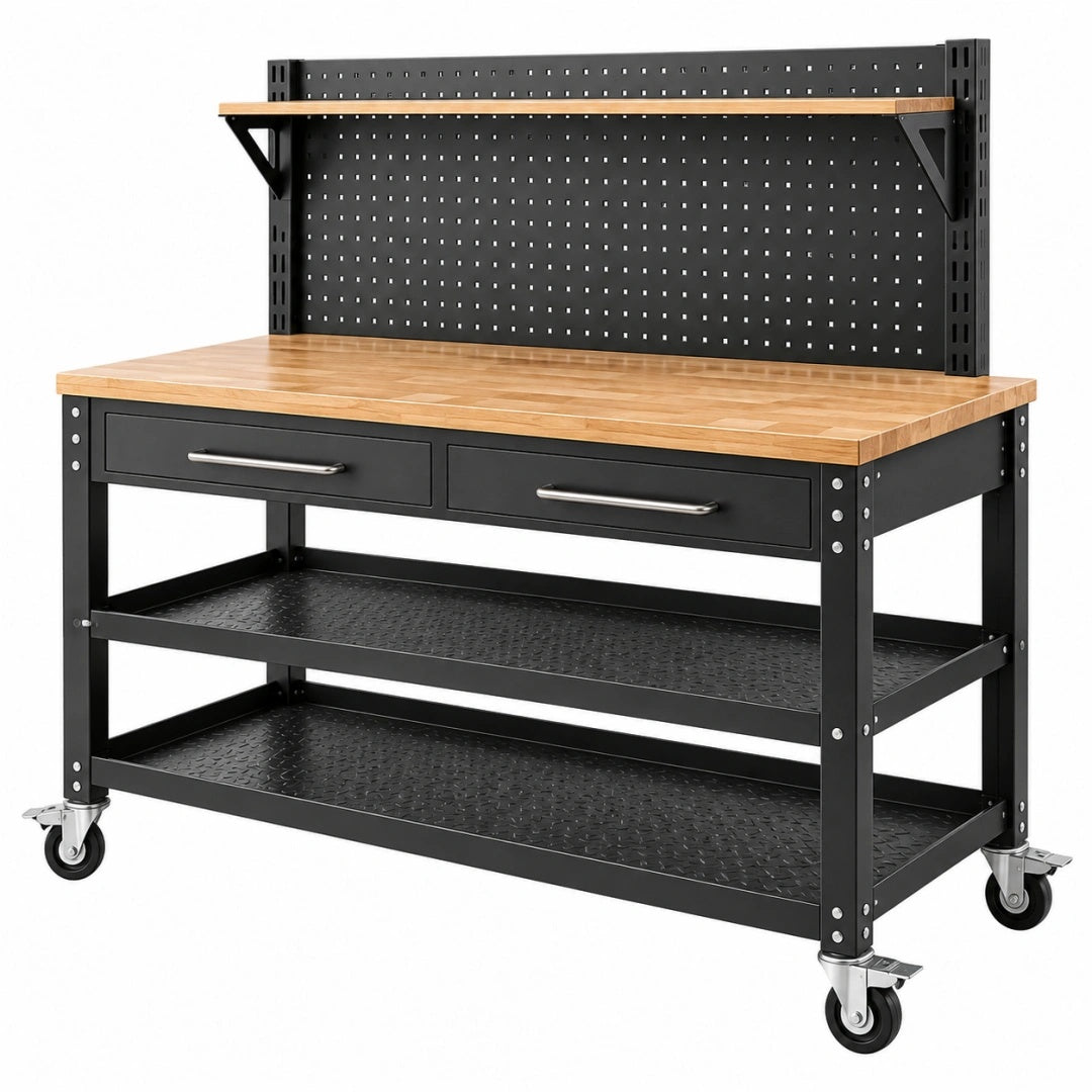 Werkbank 152 x 61 x 155 cm aus Stahl und Holz Schwarz/Natur mit Rollen und Lochwand
