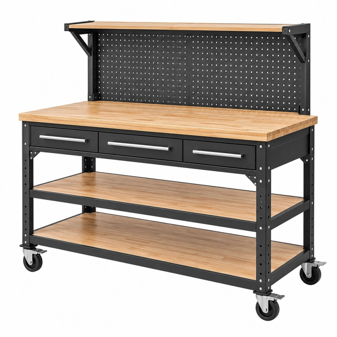 Werkbank 120 x 60 x 155 cm aus Stahl und Holz Schwarz/Naturholz mit Schubladen Rollen Lochwand