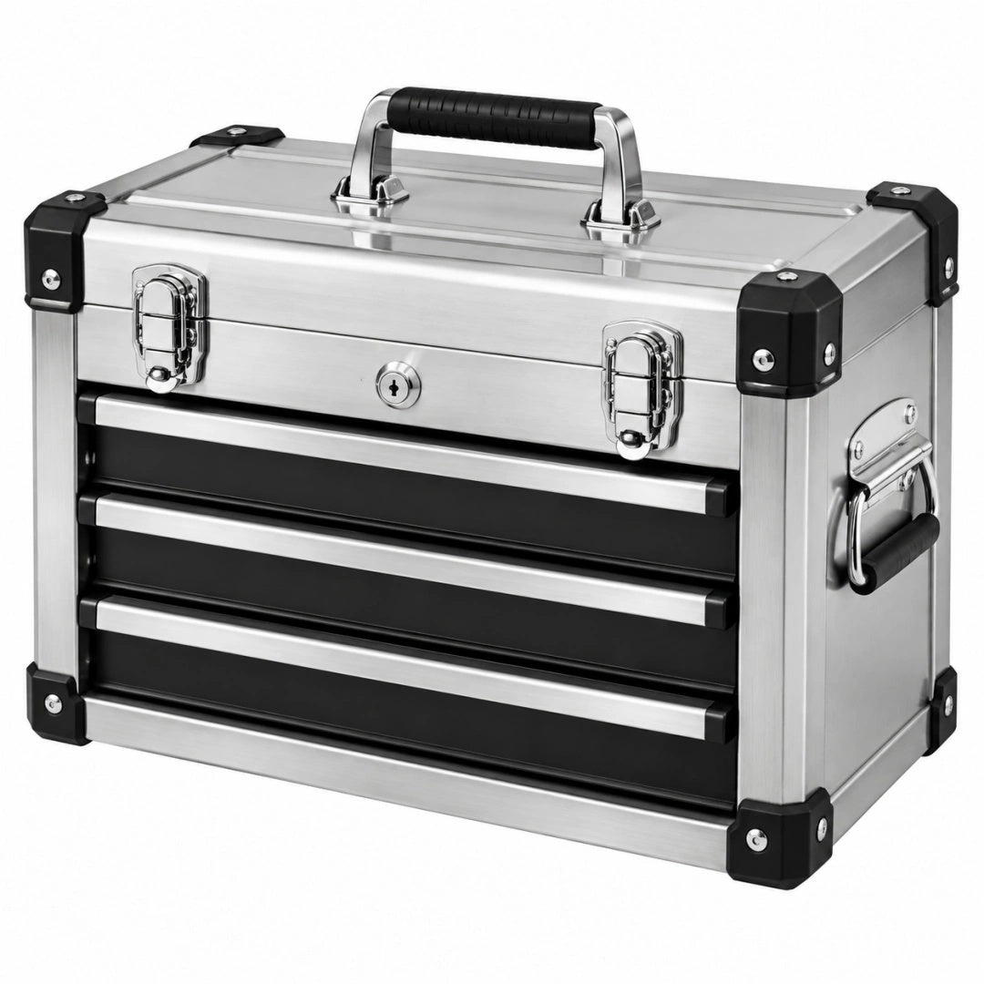 Werkzeugkoffer 46 x 24 x 34 cm aus Aluminium silber schwarz mit 3 Schubladen abschließbar